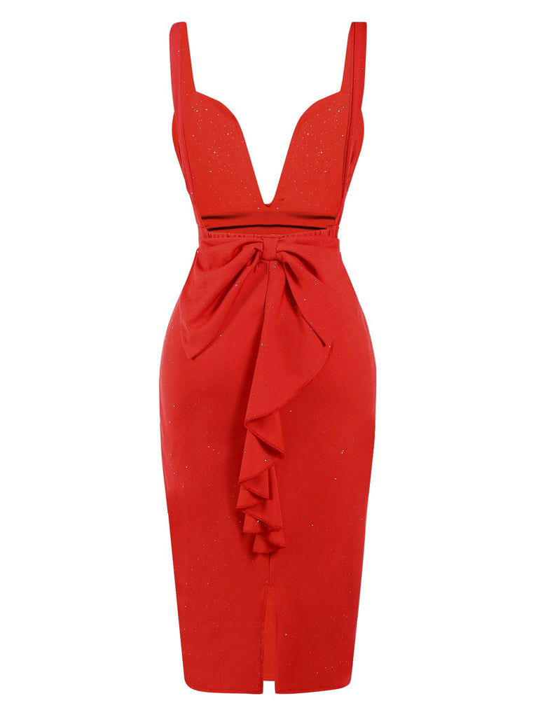 Rot 1960er Rüschen Rückenfrei Träger Kleid