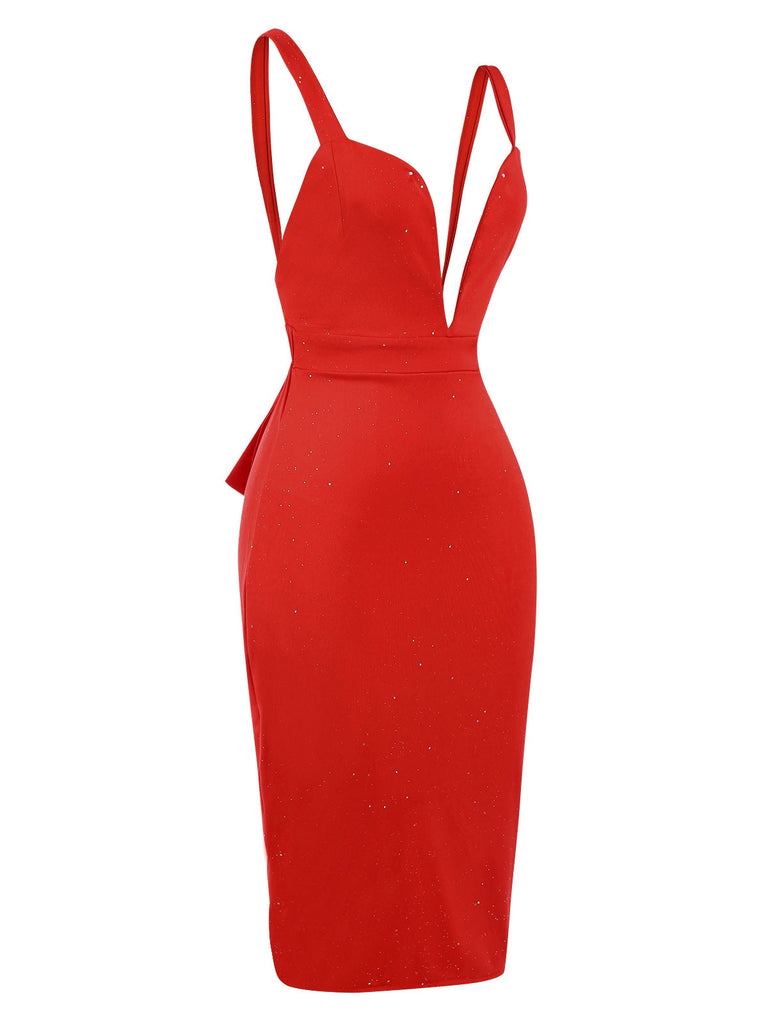 Rot 1960er Rüschen Rückenfrei Träger Kleid