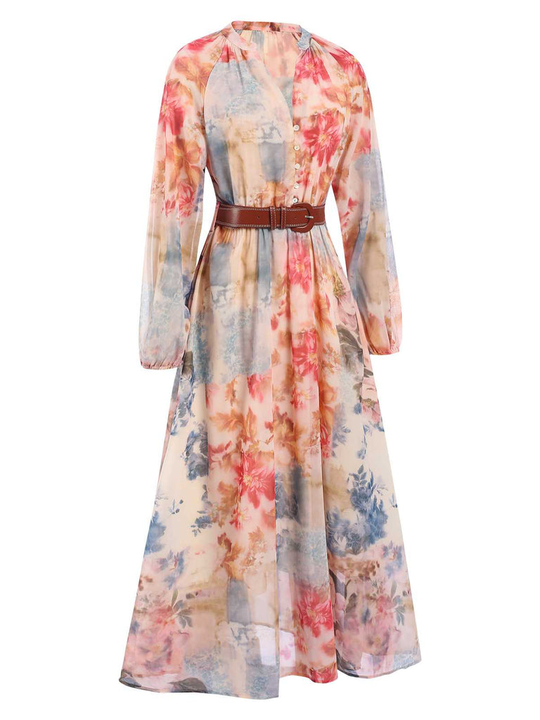 1940er Aquarell Blumen Gürtel Maxi Kleid