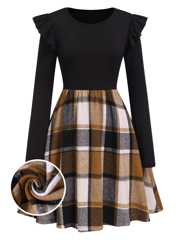 Schwarz 1960er Rüschen Plaid Patchwork Skater Kleid