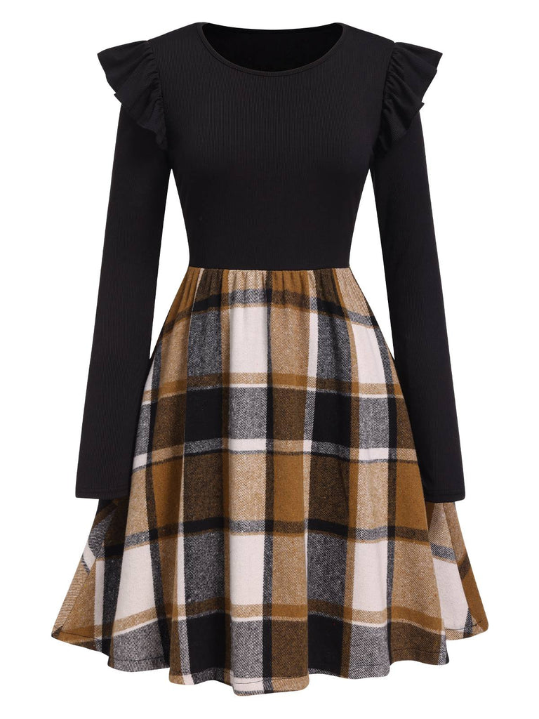 Schwarz 1960er Rüschen Plaid Patchwork Skater Kleid