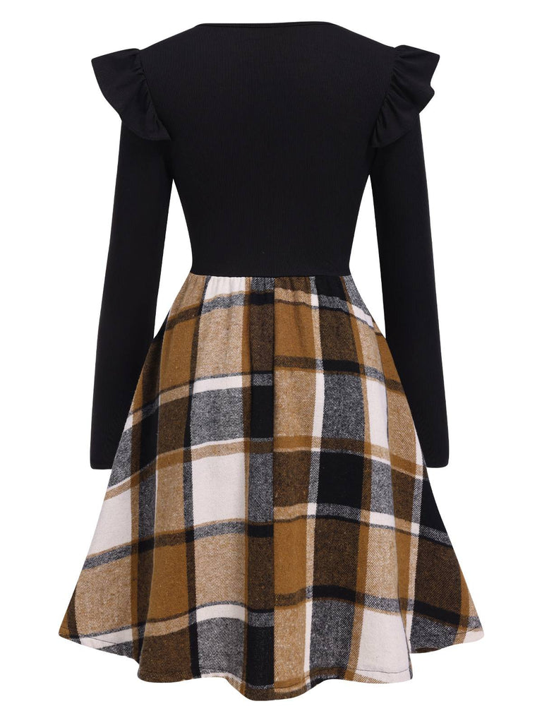 Schwarz 1960er Rüschen Plaid Patchwork Skater Kleid