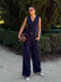 2PCS Dunkelblau 1960er Solide Ärmellos Blazer Suit