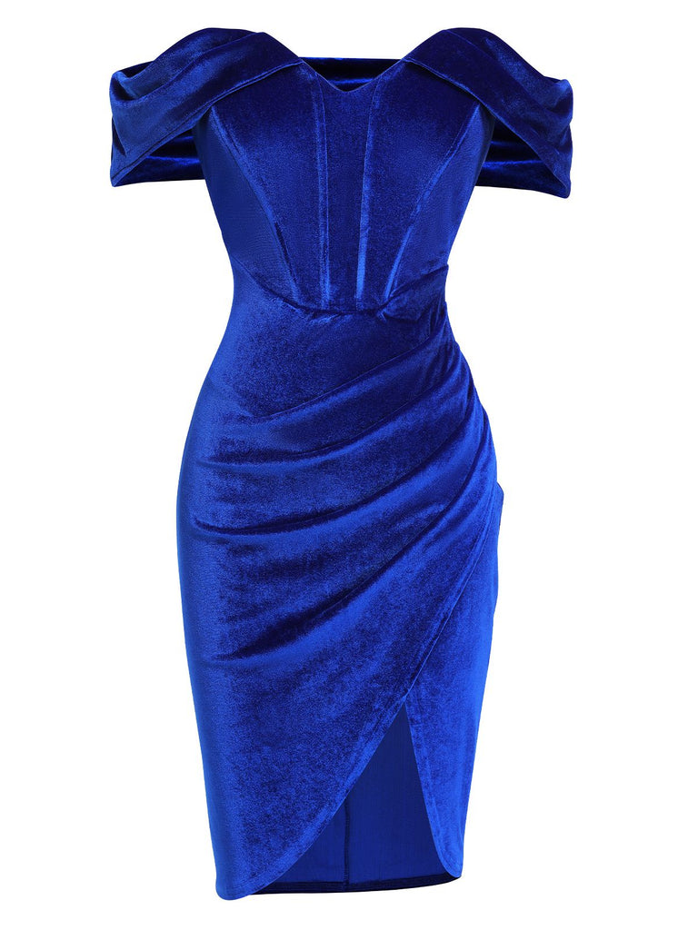 Blau 1960er Solide Überschnittene Schulter Samt Kleid