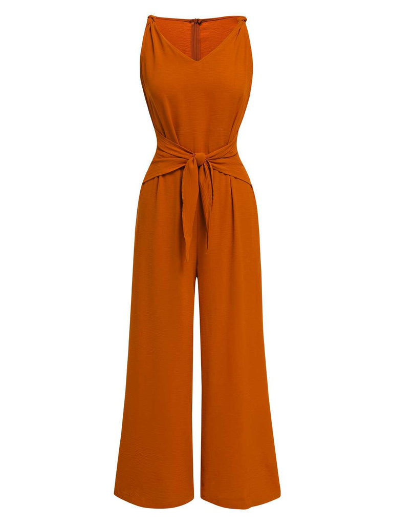 1970er V-Ausschnitt Bindeband-Vorne Solide Jumpsuit