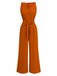 1970er V-Ausschnitt Bindeband-Vorne Solide Jumpsuit