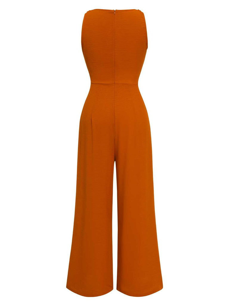 1970er V-Ausschnitt Bindeband-Vorne Solide Jumpsuit