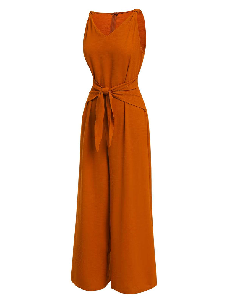 1970er V-Ausschnitt Bindeband-Vorne Solide Jumpsuit