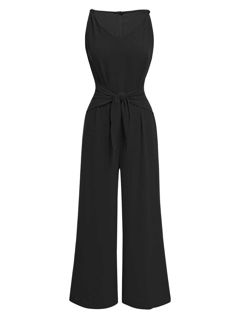 1970er V-Ausschnitt Bindeband-Vorne Solide Jumpsuit