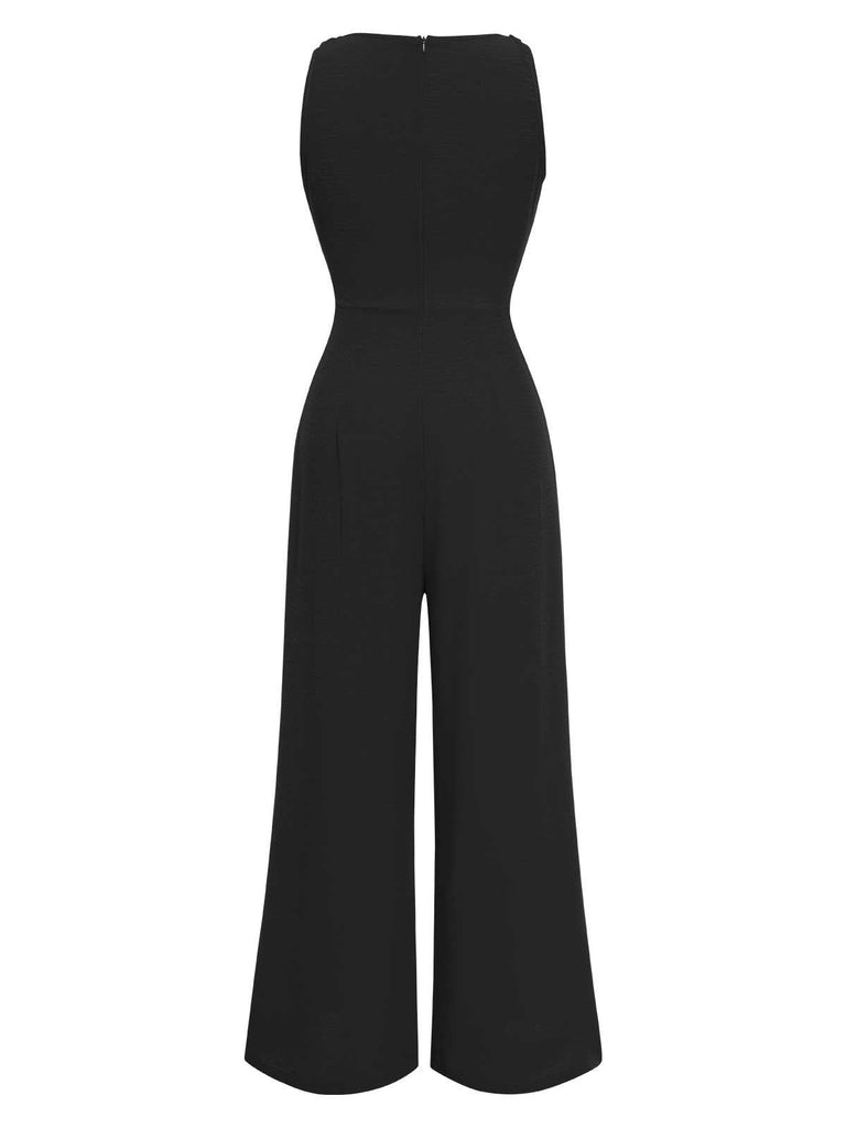 1970er V-Ausschnitt Bindeband-Vorne Solide Jumpsuit