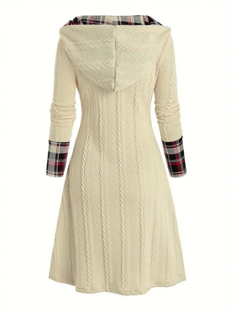 Weiß 1950er Plaid Stricken Kapuze Kleid