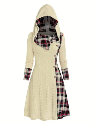Weiß 1950er Plaid Stricken Kapuze Kleid