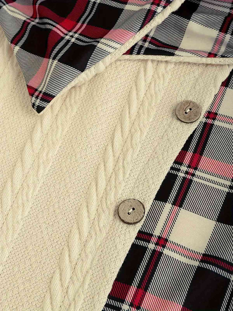 Weiß 1950er Plaid Stricken Kapuze Kleid