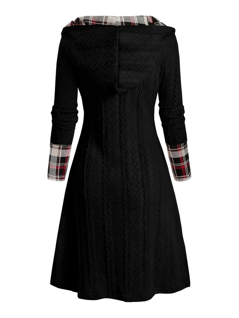 Weiß 1950er Plaid Stricken Kapuze Kleid