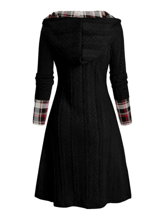 Schwarz 1950er Plaid Stricken Kapuze Kleid