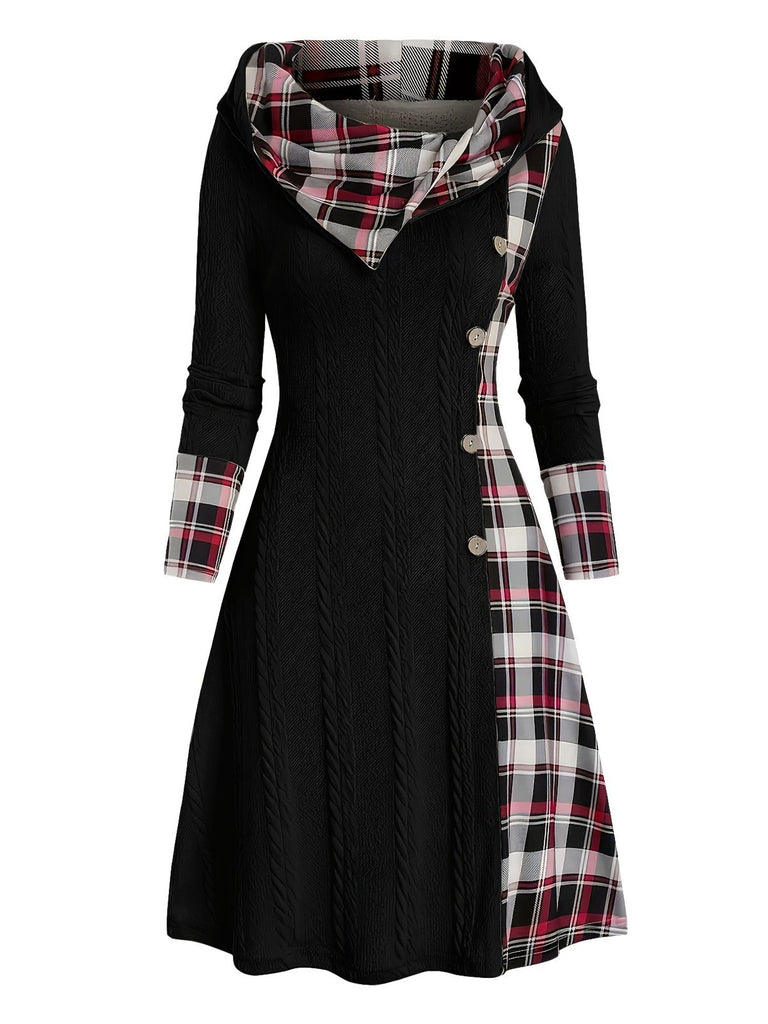 Weiß 1950er Plaid Stricken Kapuze Kleid