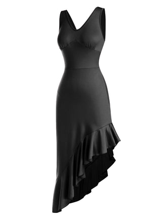 Schwarzes 60er ärmelloses Kleid mit V-Ausschnitt und schrägem Rüschensaum