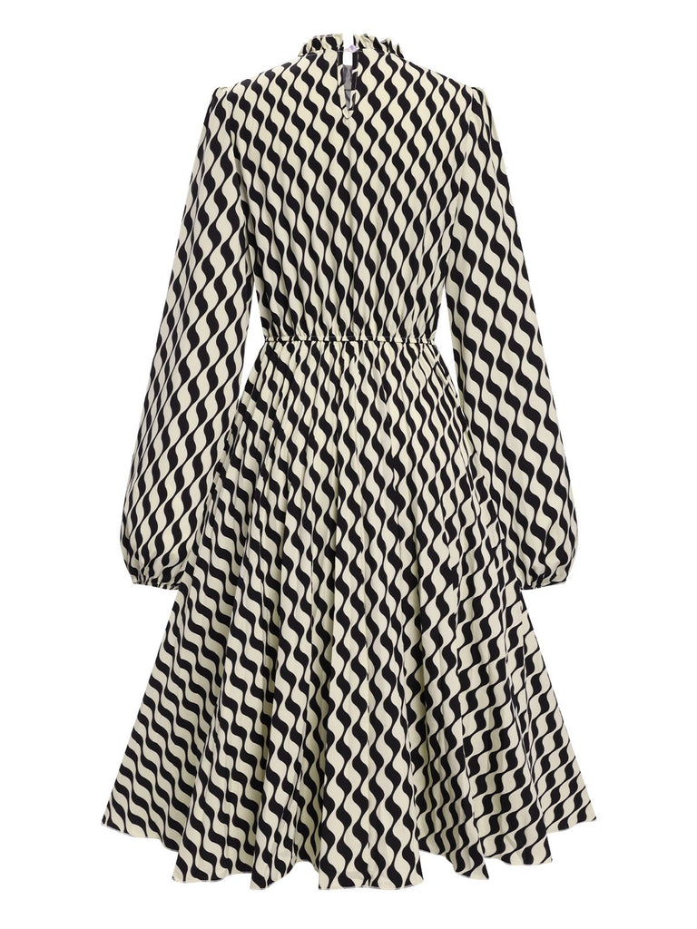 Schwarz 1940er Ballonärmel Plissiertes Chevron Kleid