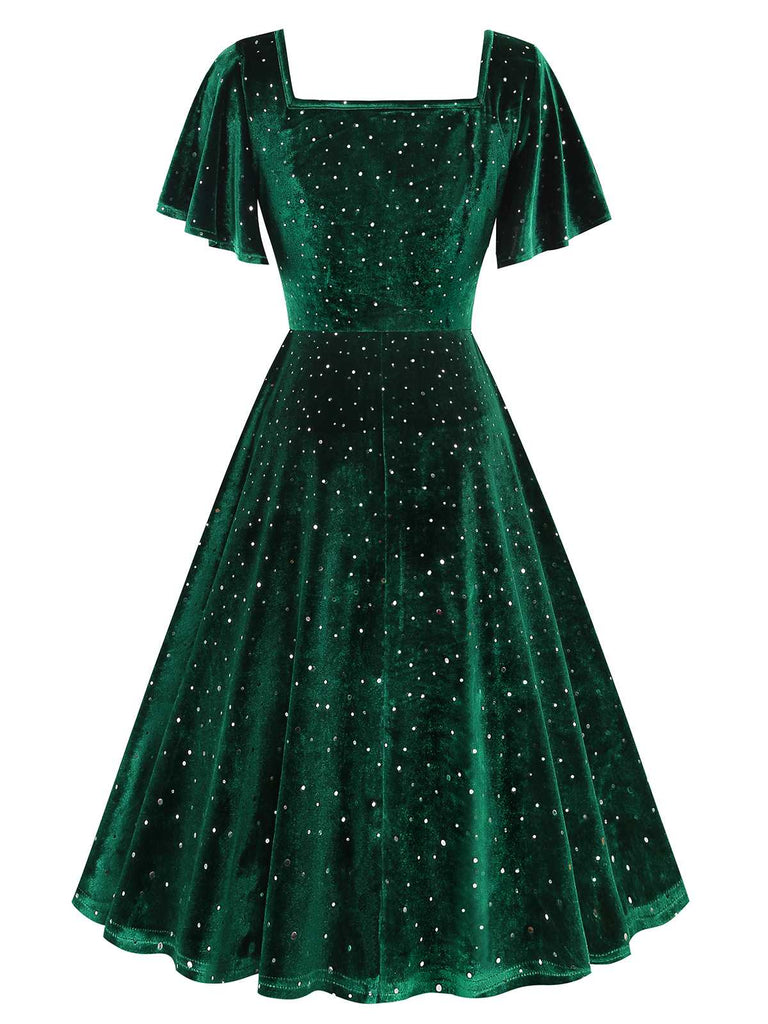 1950er Samt Funkelndes Solide A-Linie Kleid