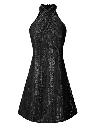 Schwarz 1980er Halter Schulterfrei Pailletten Kleid