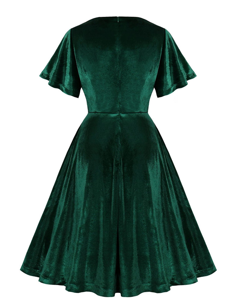 1950er Solide Rüschenärmel Samt Kleid