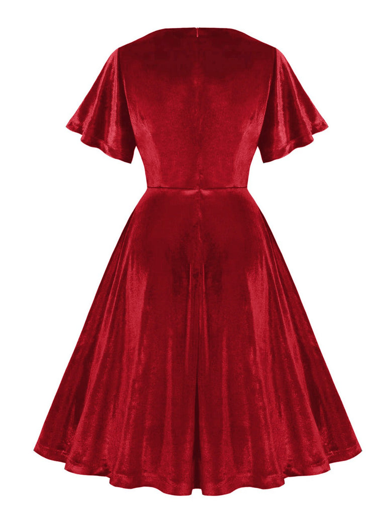 1950er Solide Rüschenärmel Samt Kleid