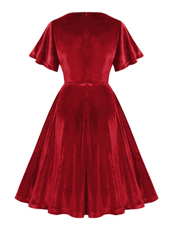 1950er Solide Rüschenärmel Samt Kleid