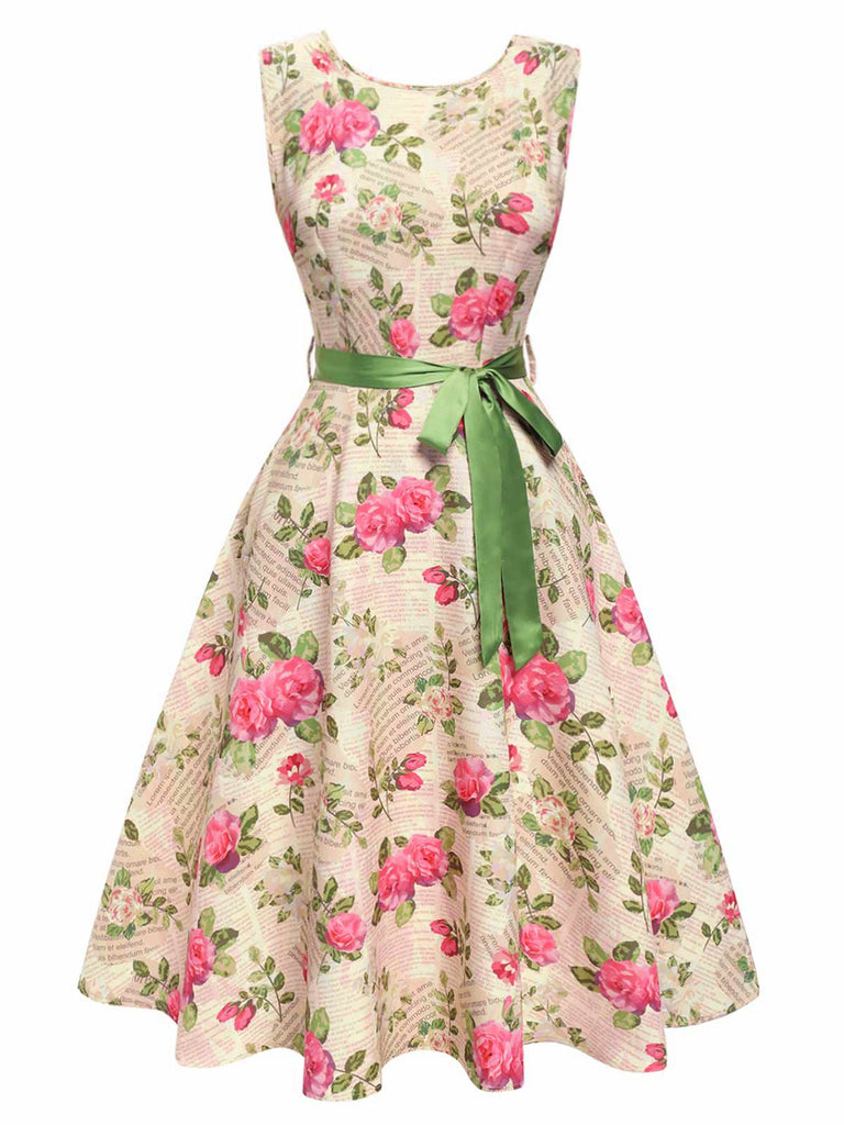 Multicolor 1950er Rose Bildhaft Gürtel Kleid