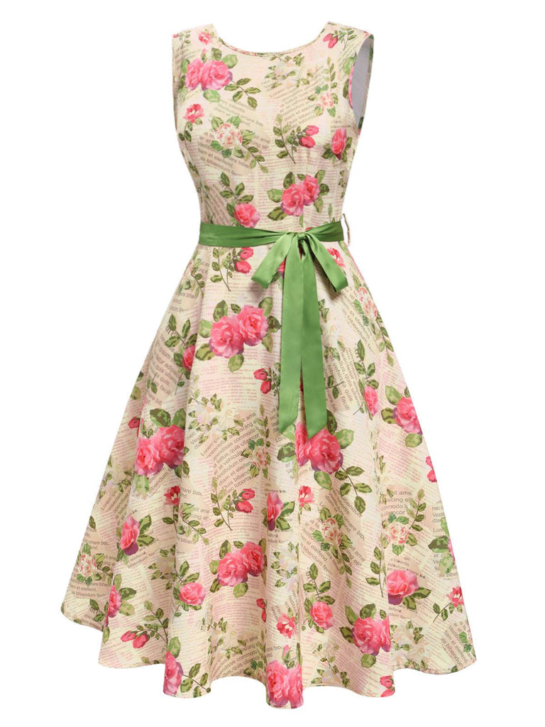 Multicolor 1950er Rose Bildhaft Gürtel Kleid