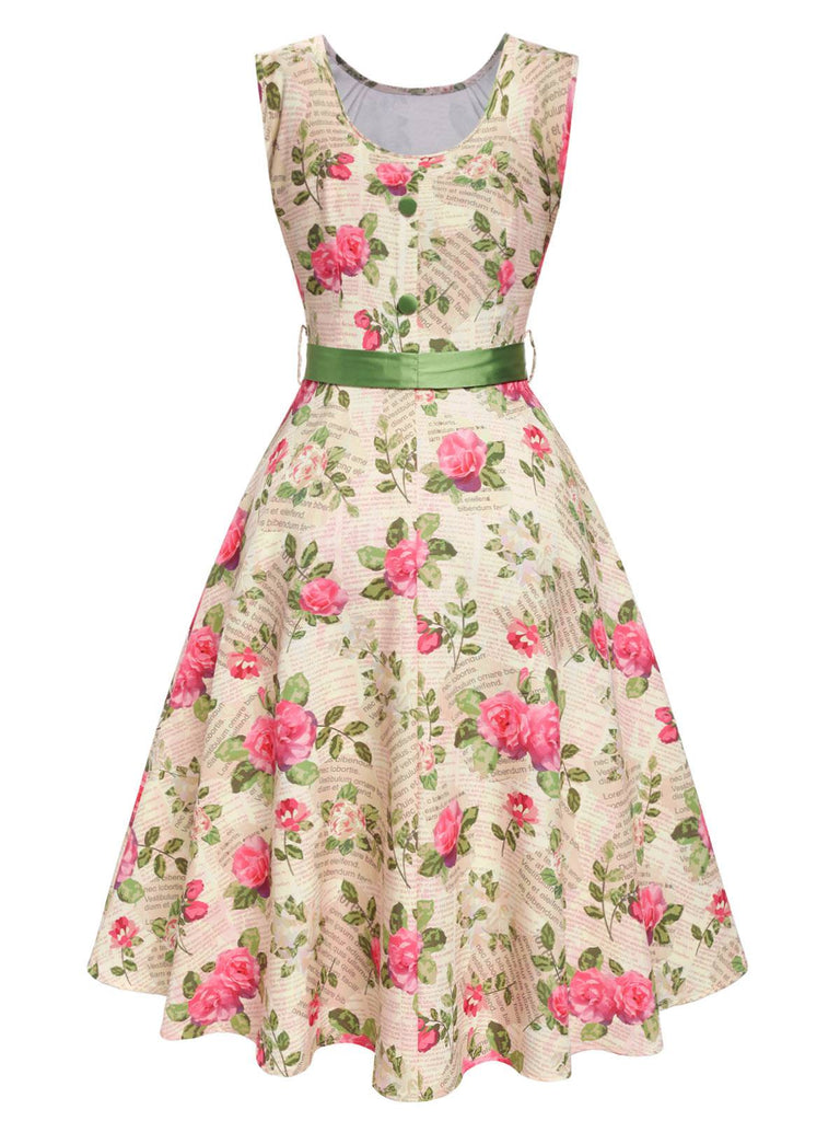 Multicolor 1950er Rose Bildhaft Gürtel Kleid