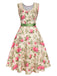 Multicolor 1950er Rose Bildhaft Gürtel Kleid