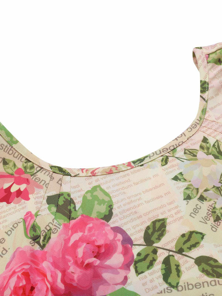 Multicolor 1950er Rose Bildhaft Gürtel Kleid
