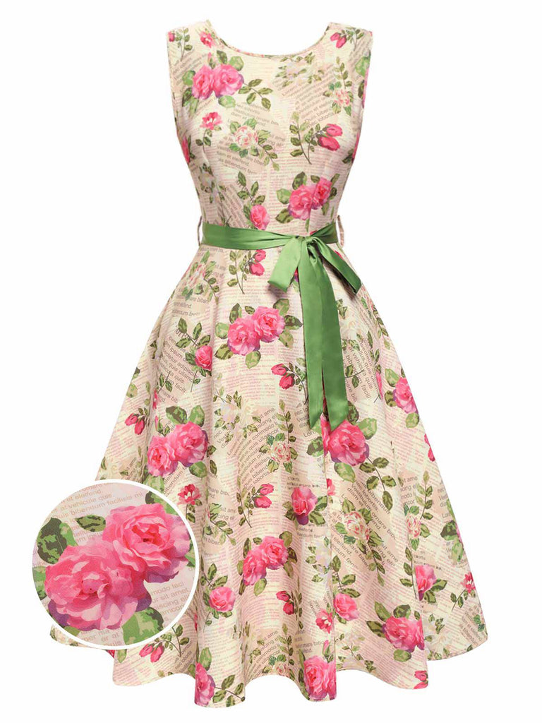 Multicolor 1950er Rose Bildhaft Gürtel Kleid