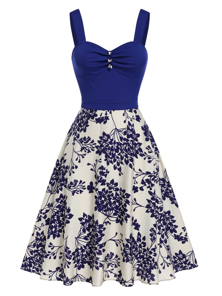 [Vorverkauf] Blau 1950er Blumen Knöpfen Sweetheart-Kragen Kleid