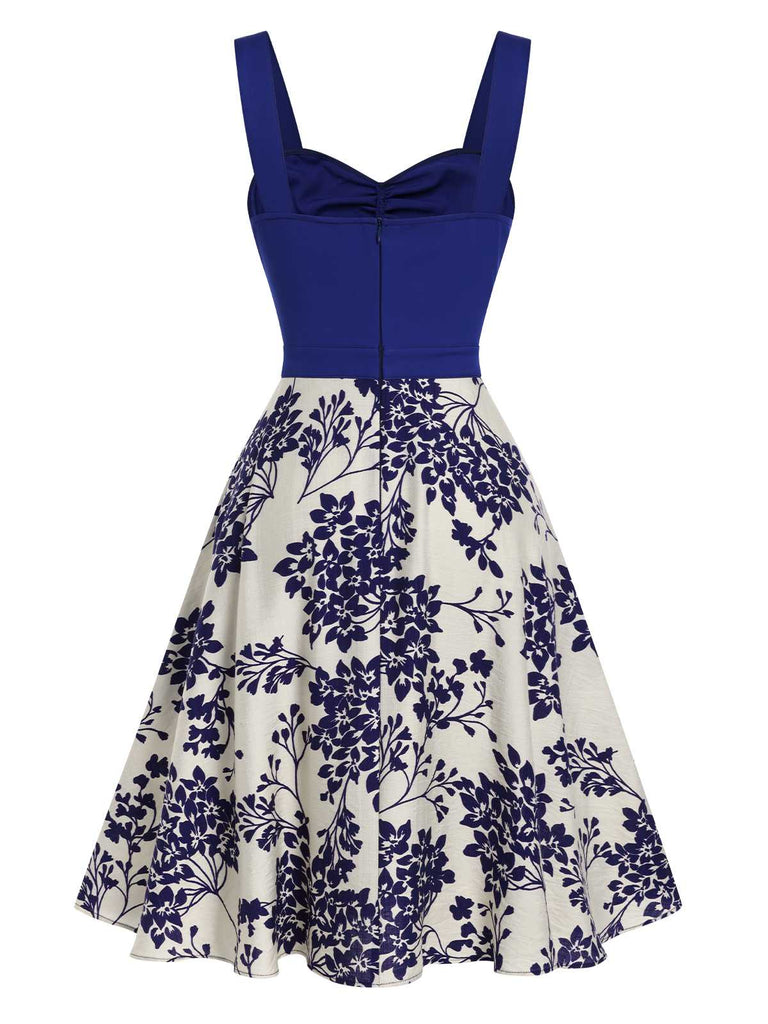 [Vorverkauf] Blau 1950er Blumen Knöpfen Sweetheart-Kragen Kleid