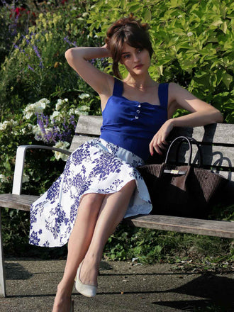 Blau 1950er Blumen Knöpfen Sweetheart-Kragen Kleid