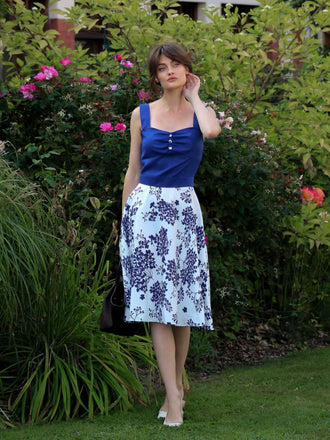 Blau 1950er Blumen Knöpfen Sweetheart-Kragen Kleid