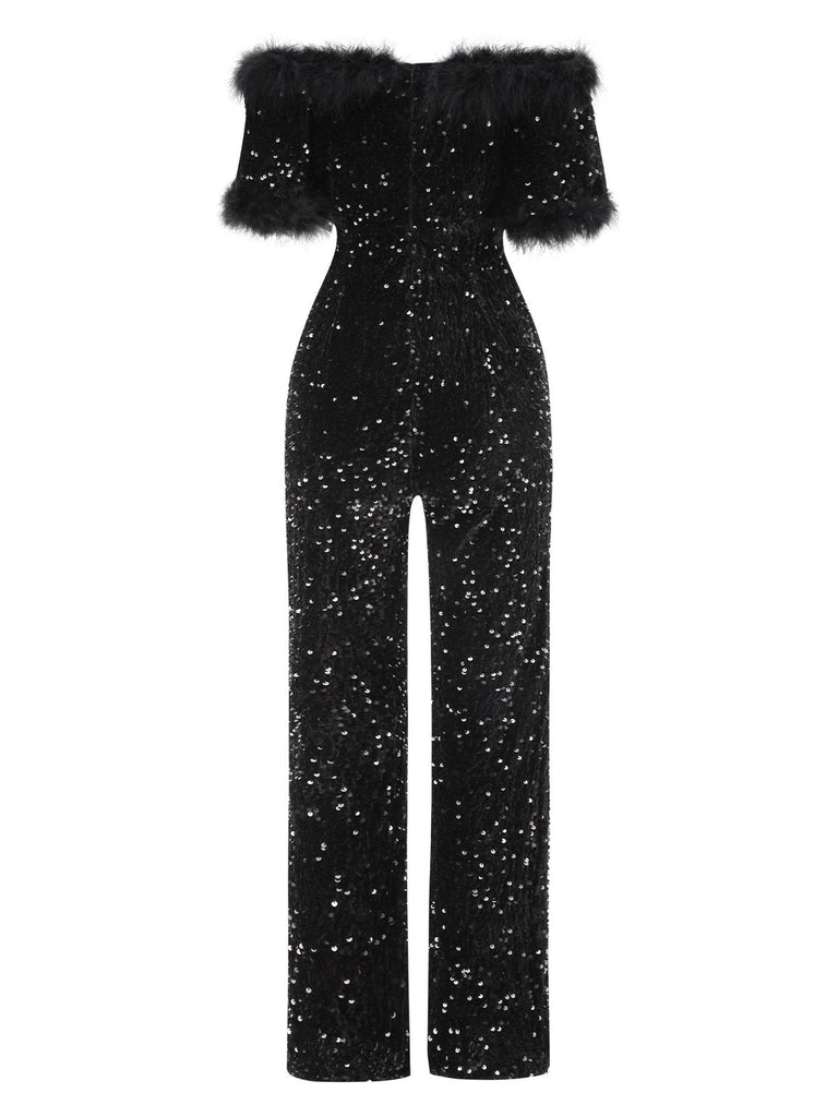 Schwarz 1980er V-Ausschnitt Feder Pailletten Jumpsuit