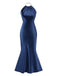 Dunkelblau 1930er Satin Halter Meerjungfrauenkleid