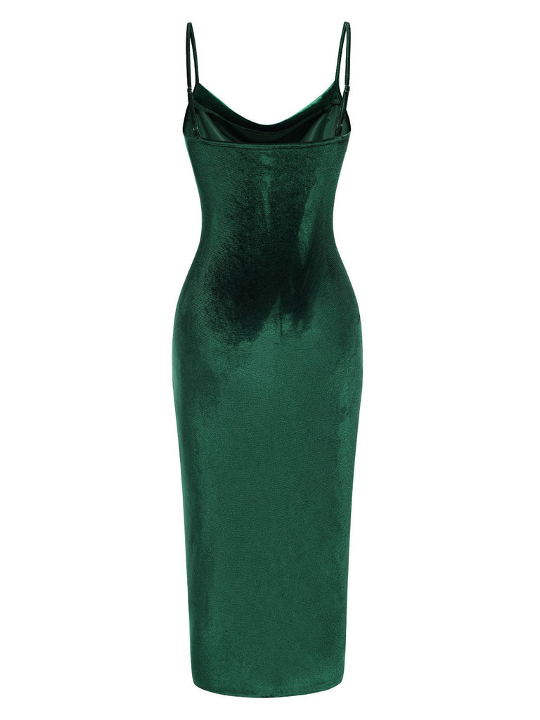 Grün 1960er Schlitz Straps Samt Kleid