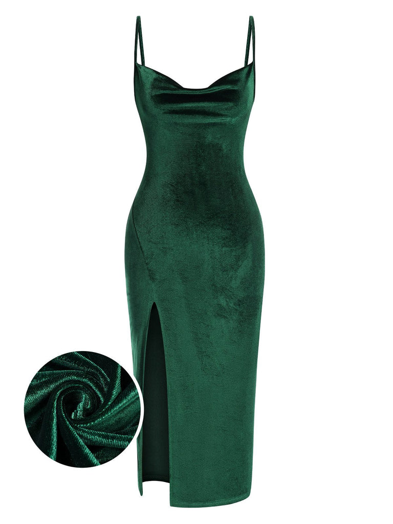 Grün 1960er Schlitz Straps Samt Kleid