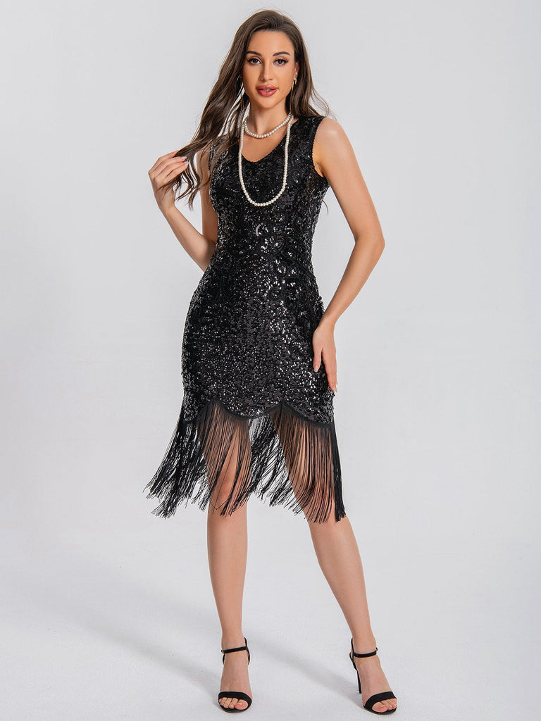1920er V-Ausschnitt Quaste Pailletten Kleid