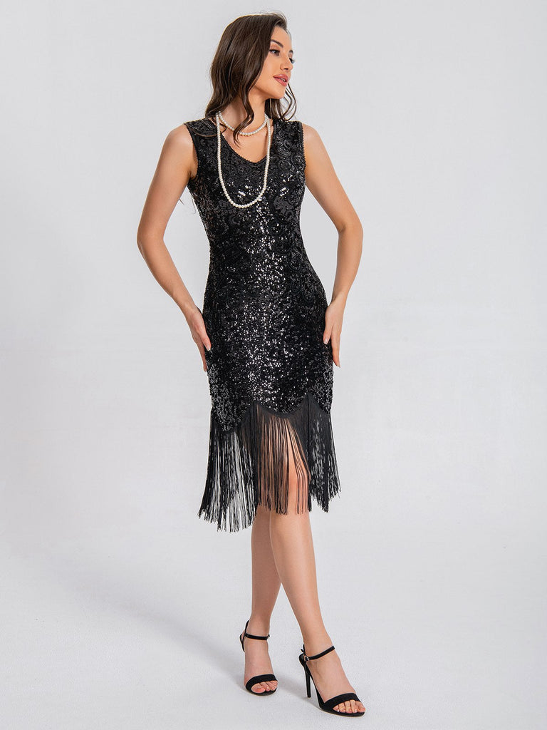 1920er V-Ausschnitt Quaste Pailletten Kleid
