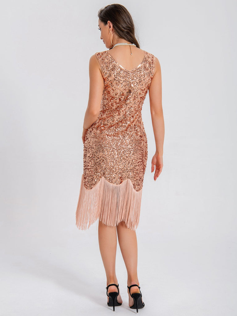 1920er V-Ausschnitt Quaste Pailletten Kleid
