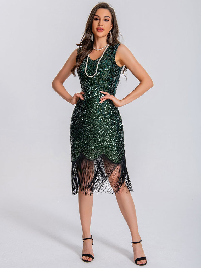 1920er V-Ausschnitt Quaste Pailletten Kleid