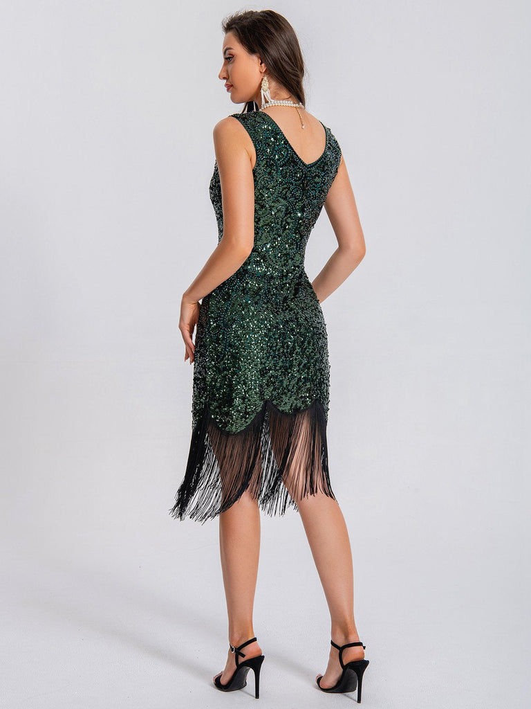 1920er V-Ausschnitt Quaste Pailletten Kleid