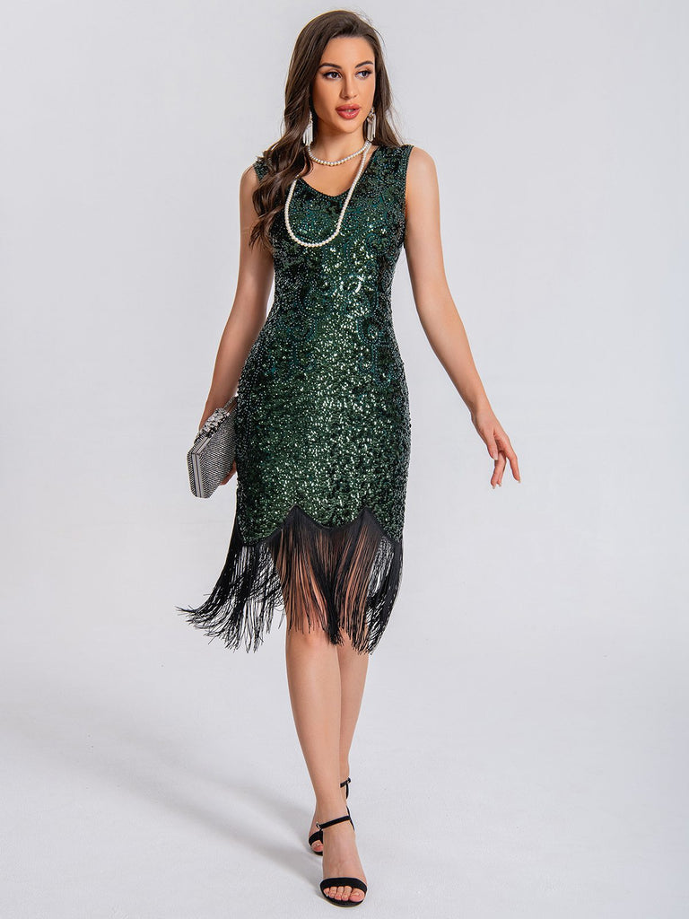 1920er V-Ausschnitt Quaste Pailletten Kleid