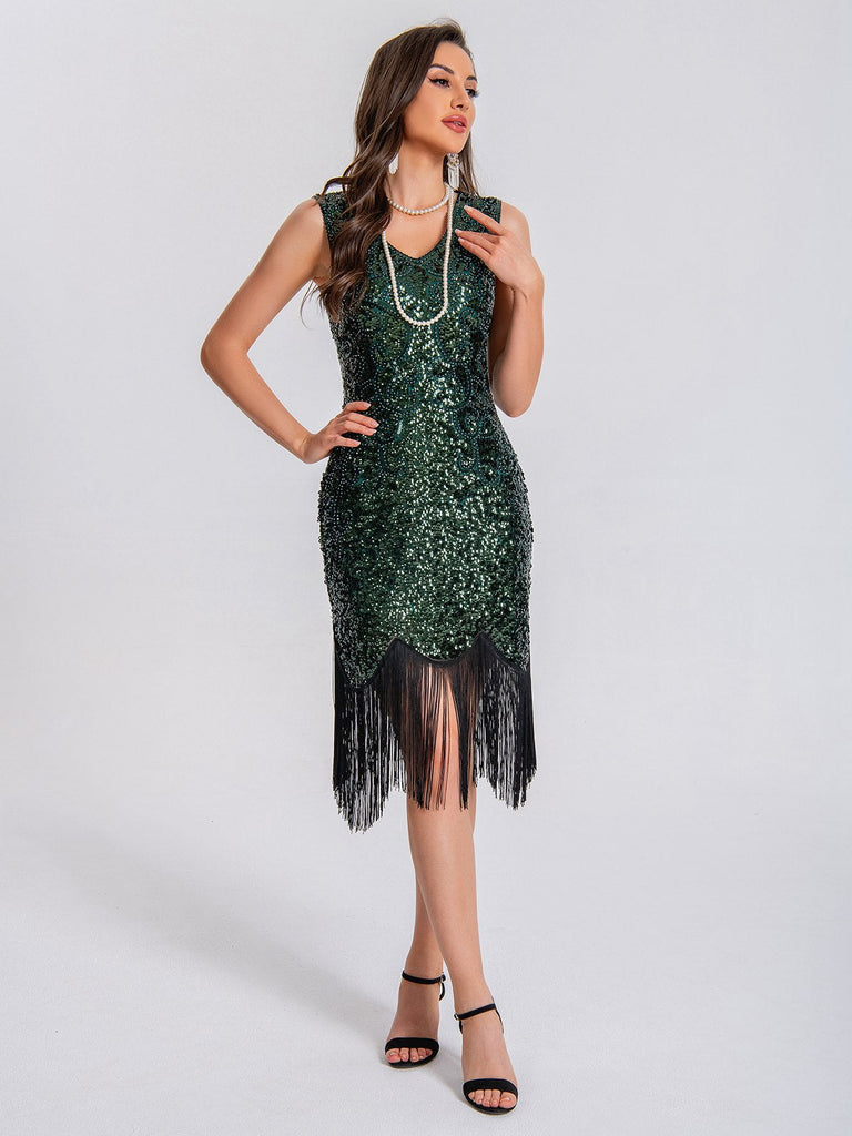 1920er V-Ausschnitt Quaste Pailletten Kleid