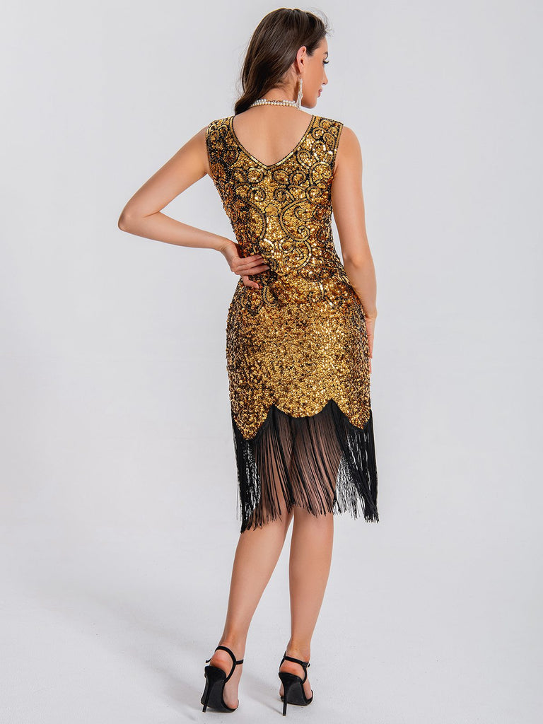 1920er V-Ausschnitt Quaste Pailletten Kleid