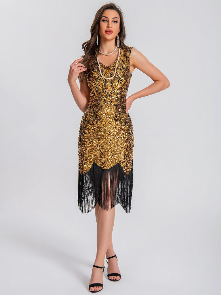 1920er V-Ausschnitt Quaste Pailletten Kleid